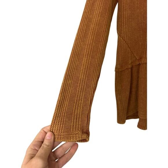 Guilded Intent Buckle Cotton Blend Brown Waffle Knit V Neck Peplum Hem Top New S - Picture 6 of 14